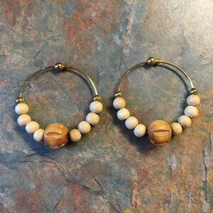 Vintage Boho Goldtone Wood Beaded Hoop Earrings